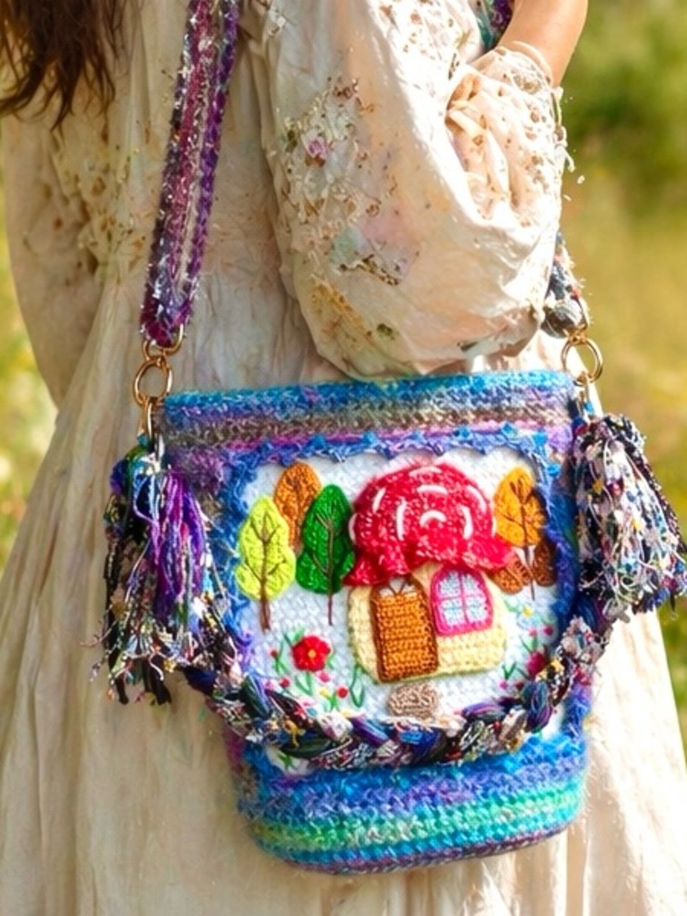 Handmade Crochet Crossbody Bag, Embroidered Mushroom Purs, cottagecore tote bag